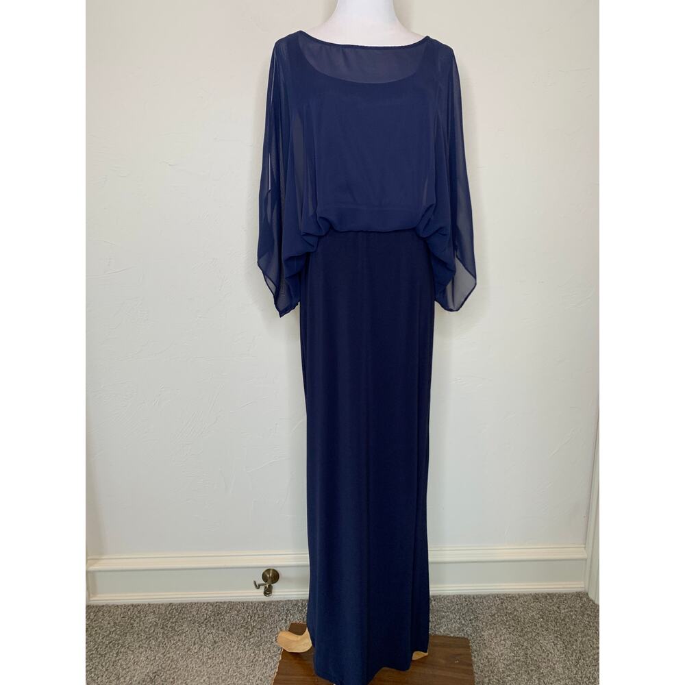 Xscape Navy Blue Formal Maxi Dress Sheer Cape Overlay Bodice Sz 8